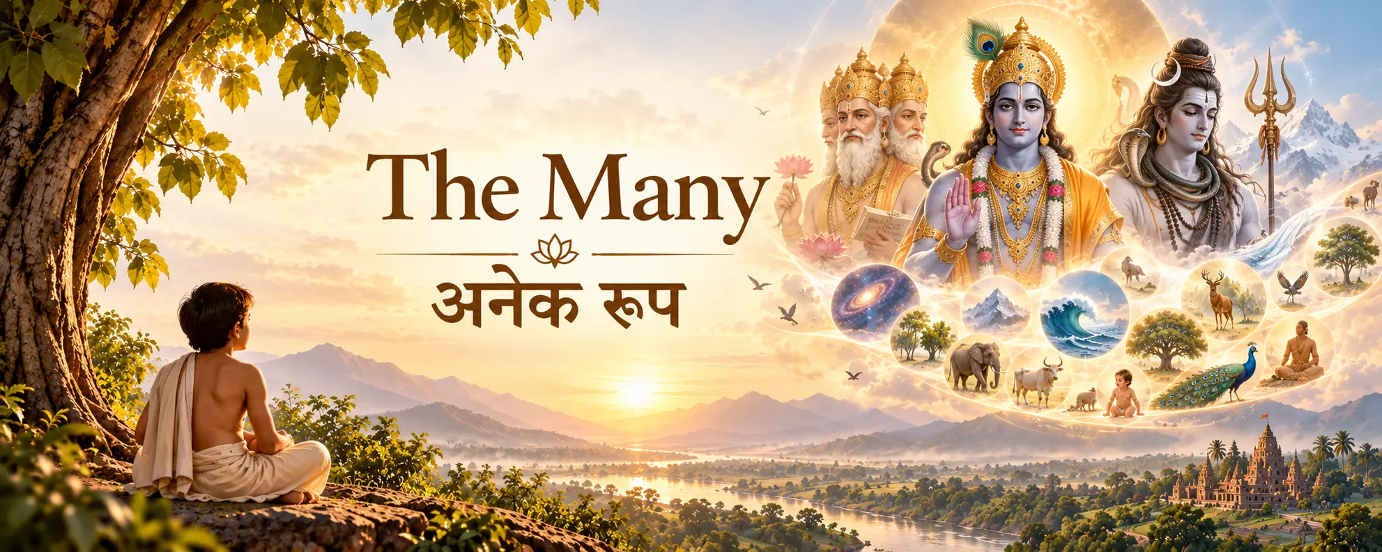 ब्रह्माण्डमा एउटै सत्ता अनेक रूपहरूमा प्रकट भएको प्रतीकात्मक चित्र।